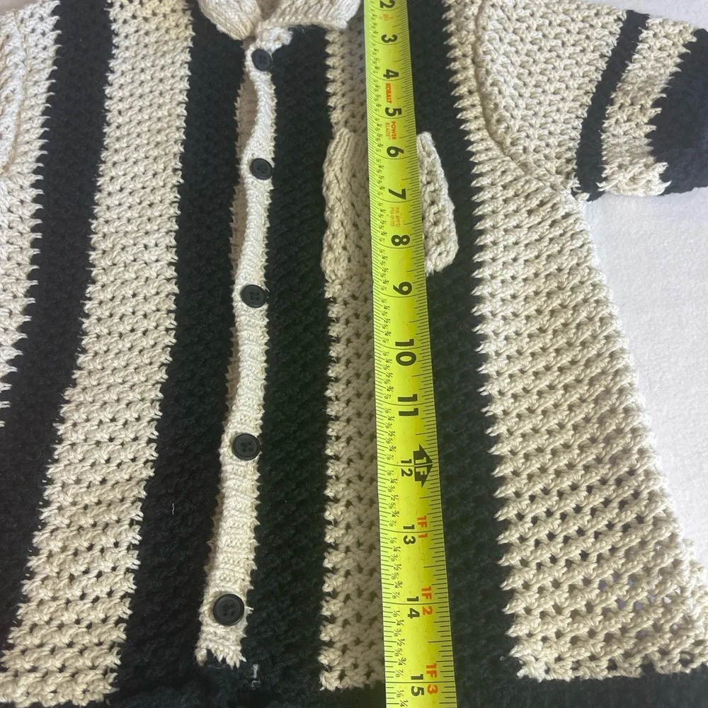 Zara Girls Size 6-7 Chunky Cotton Knit Cardigan Sweater Cream Ivory Black Stripe